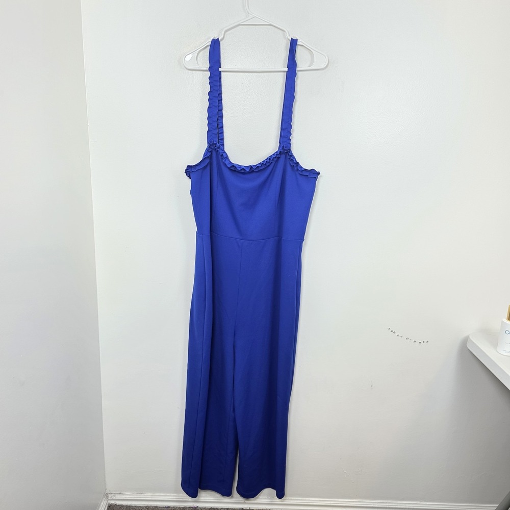 Bebe Blue Ruffle Sleeveless Wide Leg Cropped Going‎ Out Jumpsuit Size XL